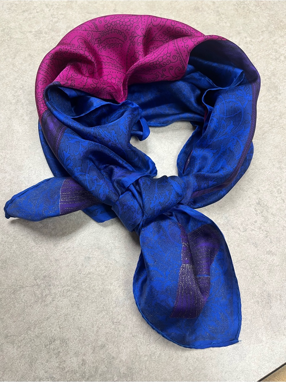 VTG Lanvin Paris 100% Silk Scarf Paisley Tassel Blue Magenta Purple 30” Italy